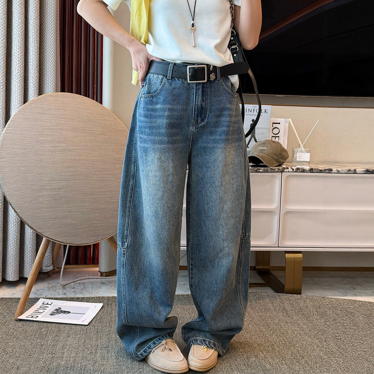 复古拖地弯刀阔腿牛仔裤女欧洲站2026春装新款欧货女装直筒裤子潮