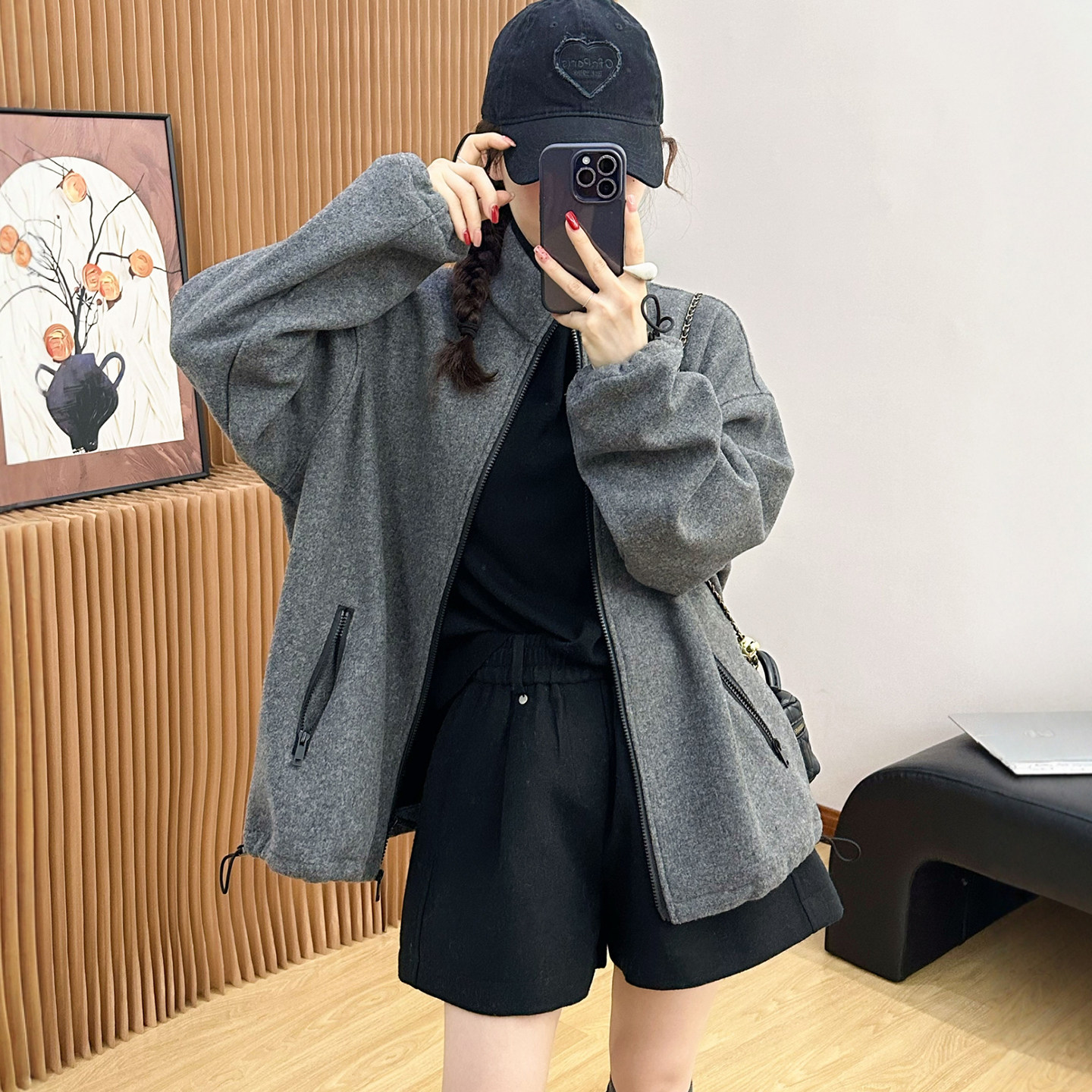 羊毛呢加厚加绒卫衣开衫短款外套女欧洲站2025冬装新款欧货女装潮