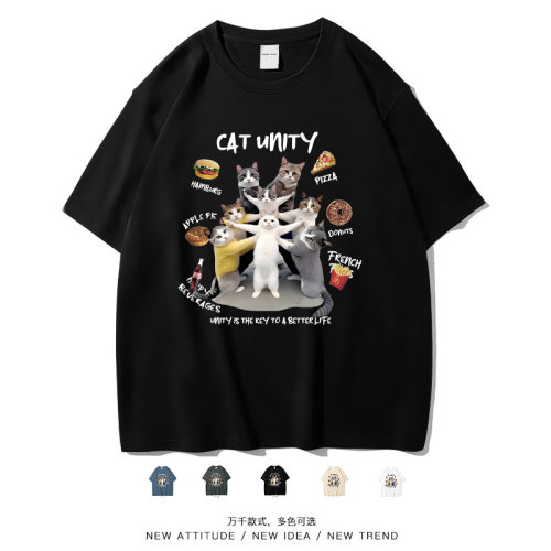 潮牌趣味卡通印花猫咪齐心短袖