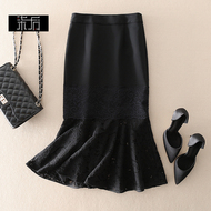 罗马布拼蕾丝优雅显瘦鱼尾摆中裙