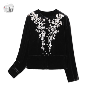 大牌重工刺绣新中式短外套女2025春季新款高定真丝丝绒长袖上衣潮