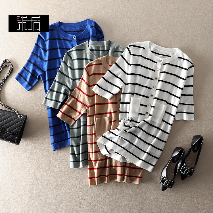 特# 新款大牌女装时尚条纹中袖小口袋针织衫美丽若羊毛打底衫