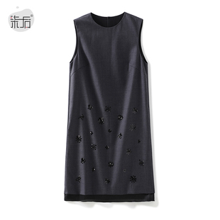 大牌高定2025秋冬精纺羊毛重工钉珠真丝拼接无袖直筒背心裙打底裙