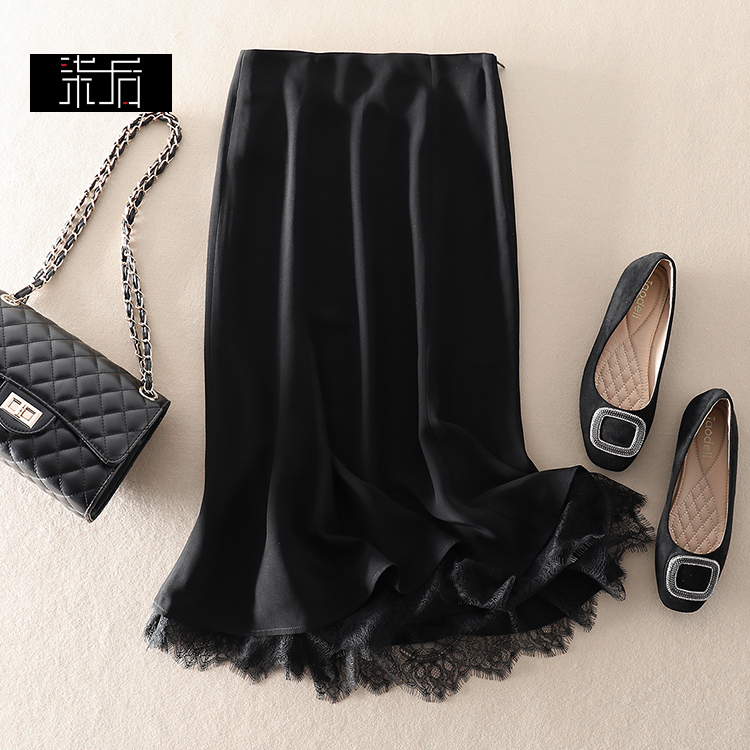 醋酸早春百搭瘦小蕾丝边半身裙