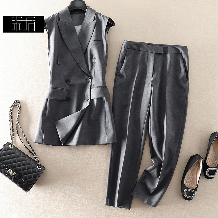 职场高级羊毛双排扣烟管裤西装