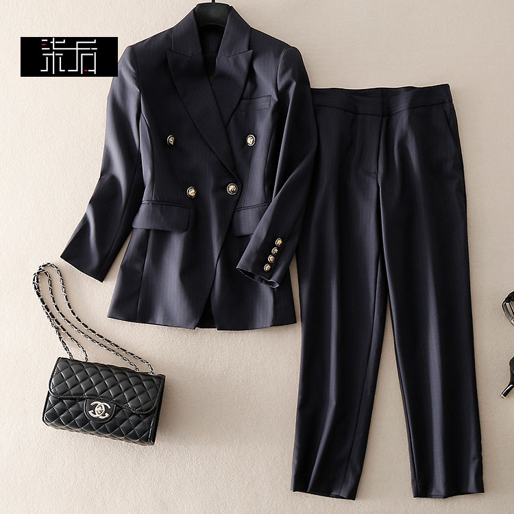 精纺羊毛条纹西装西裤套装