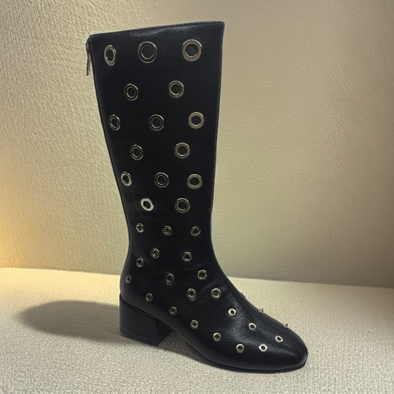 春秋欧美风鱼眼铆钉粗跟高筒靴小码模特走秀比赛舞台表演时装靴子