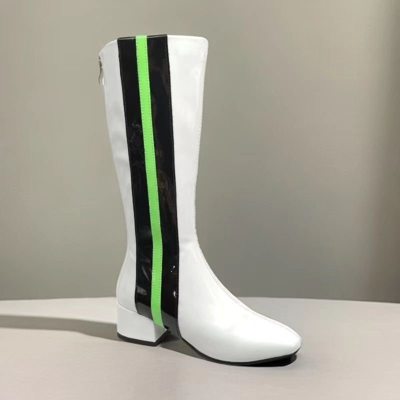 四季通用粗跟条纹拼色撞色高筒靴不过膝小码模特走秀比赛舞台表演