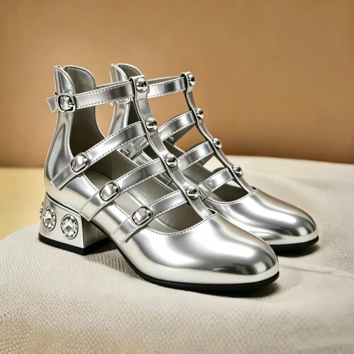 春夏新品宝石粗跟亮漆皮玛丽珍单鞋小码模特走秀比赛舞台表演鞋子