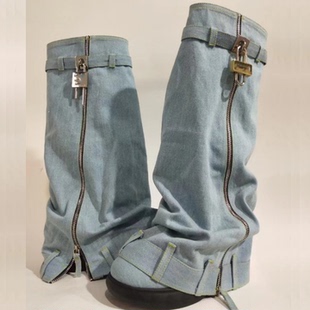 松糕厚底西部靴裙边鲨鱼裤管靴金属锁扣牛仔布高筒靴增高女鞋大码