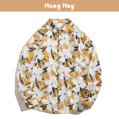 男士印花长袖衬衫夏威夷风格上衣