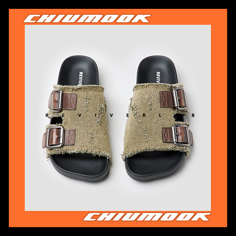 REVIVERLAB皮革+牛仔布平底拖鞋