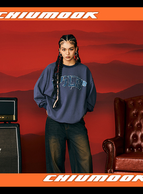 OSCILL 牛仔布绣书法毛须logo圆领卫衣