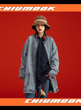 OSCILL 手工磨洗长款民族提花牛仔夹克风衣