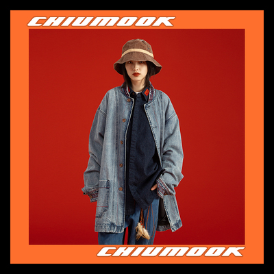 OSCILL 手工磨洗长款民族提花牛仔夹克风衣