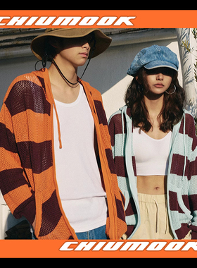 OSCill 海上落日 粗条纹镂空连帽针织开衫毛衣