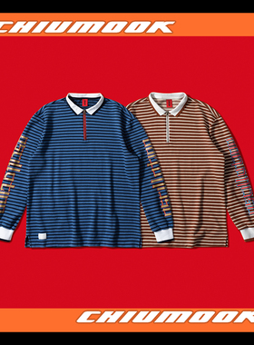 OSCILL 中式笔画 宽松半拉链条纹长袖加厚POLO衫 国潮