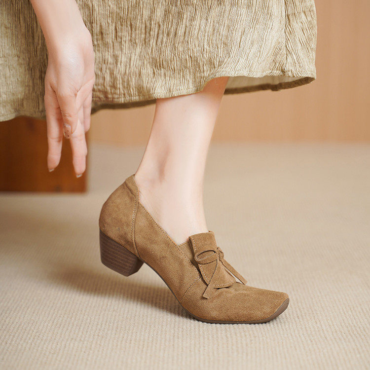 4cm复古反绒皮乐福鞋新款蝴蝶结粗跟一脚蹬小皮鞋舒适不累脚单鞋,女鞋,深口单鞋,淘宝优惠券,粉丝福利购,淘宝优惠卷