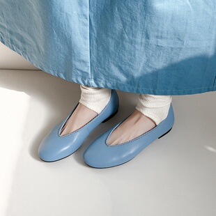 2cm法式小众设计感芭蕾V口单鞋真皮圆头百搭舒适一脚蹬平底奶奶鞋
