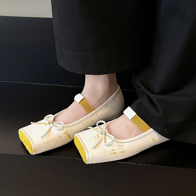 2.5cm小众设计感方头蝴蝶结单鞋时尚做旧擦色平底浅口通勤芭蕾鞋
