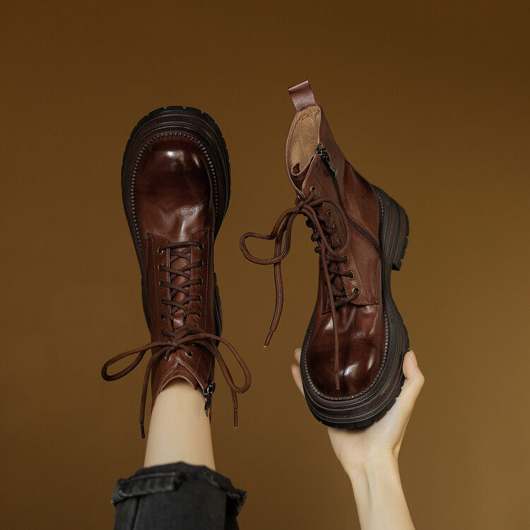 英伦风厚底马丁靴女真皮松糕系带短靴冬季2024年新款高跟时装单靴,女鞋,时装靴,淘宝优惠券,粉丝福利购,淘宝优惠卷