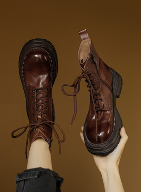 英伦风厚底马丁靴女真皮松糕系带短靴冬季2024年新款高跟时装单靴