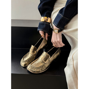 5cm时尚粗跟单鞋女头层牛皮百搭浅口一脚蹬小皮鞋金色早春乐福鞋