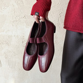 方头平底单鞋 女2026新款 真皮奶奶鞋 1.4cm法式 一字带浅口玛丽珍鞋