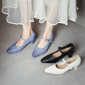 法式 复古浅口水洗马皮一字带玛丽珍粗跟6㎝时尚 优雅百搭仙女夏天