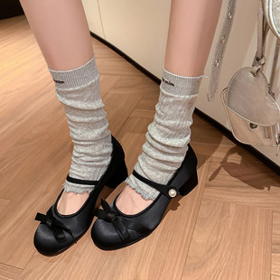 5cm学院风时尚沙丁布甜美粉色蝴蝶结圆头粗跟高跟玛丽珍小皮鞋女