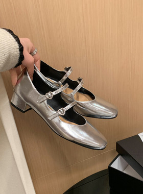 法式复古双排扣玛丽珍鞋女粗跟2024春新款真皮方头一字带银色单鞋