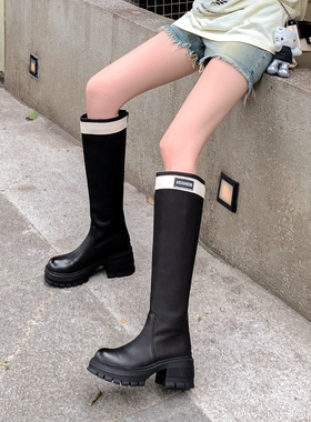 小众时尚字母高筒骑士靴2025秋冬新款圆头厚底粗跟不过膝高筒长靴