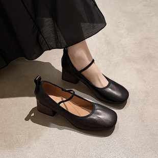 5cm法式复古时尚圆头粗跟玛丽珍鞋软底软皮通勤高跟鞋黑色单鞋女
