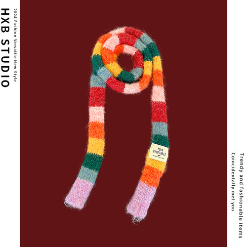 秋冬彩色条纹女拼色围巾拍照装饰