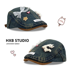 可爱玩偶羊驼蝴蝶结牛仔前进帽子女春秋出游百搭显脸小报童画家帽