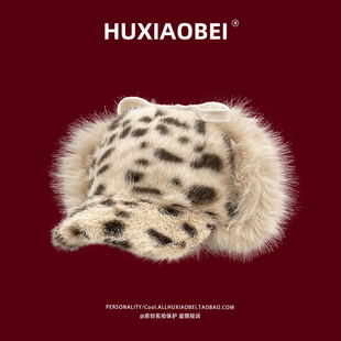 2025新款时髦豹纹毛绒护耳飞行帽女冬季滑雪防寒保暖复古鸭舌帽男