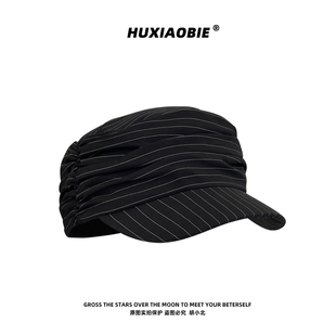 日系条纹褶皱马术帽女春夏宽檐平顶防晒显脸小百搭高级感优雅帽子