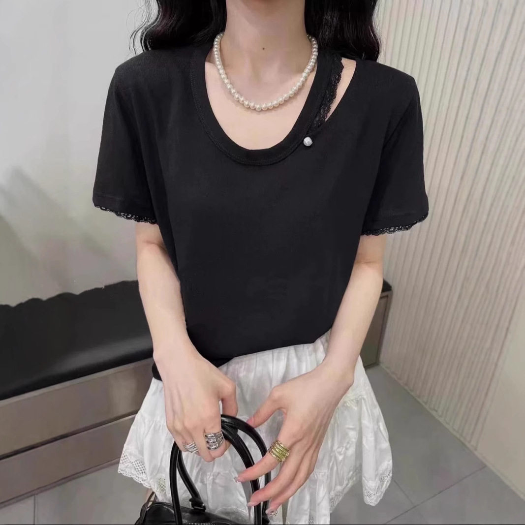 洋气镂空小心机拼接蕾丝短袖T恤女2025春夏新款U领宽松打底衫韩版
