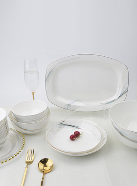 敏杨 骨瓷新中式梦飞扬新款盘家用碗碟套装乔迁餐具轻奢面碗汤碗