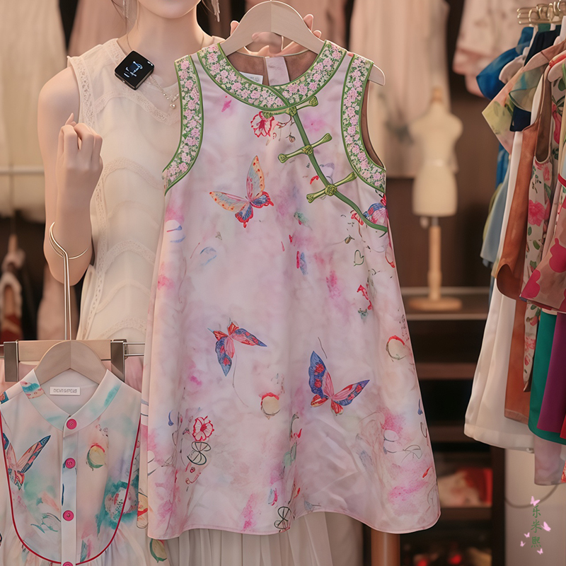 女童国风提花旗袍裙夏季2025新款无袖背心连衣裙新中式盘扣沙滩裙