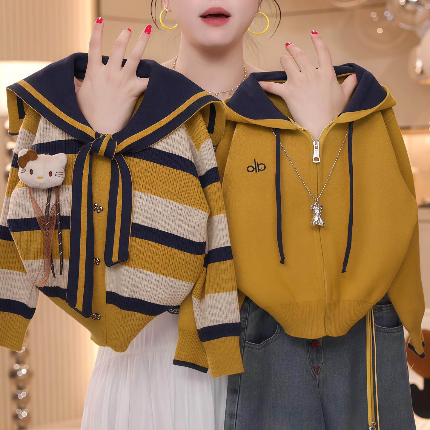 女童秋装加厚连帽毛衣2025新款秋冬款针织衫百搭样衣拉链开衫外套