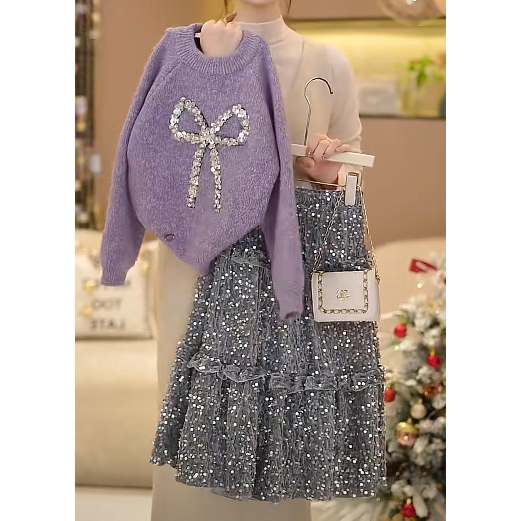 女童蝴蝶结毛衣亮片半身裙套装2025新款气质针织衫内加绒裙子潮