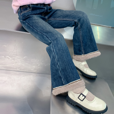 女童秋冬装牛仔裤2025新款儿童洋气女孩冬季加绒加厚修身喇叭裤子