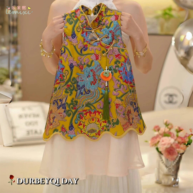 女童新中式无袖旗袍裙2025夏季假两件背心裙国风盘扣连衣裙碎花潮