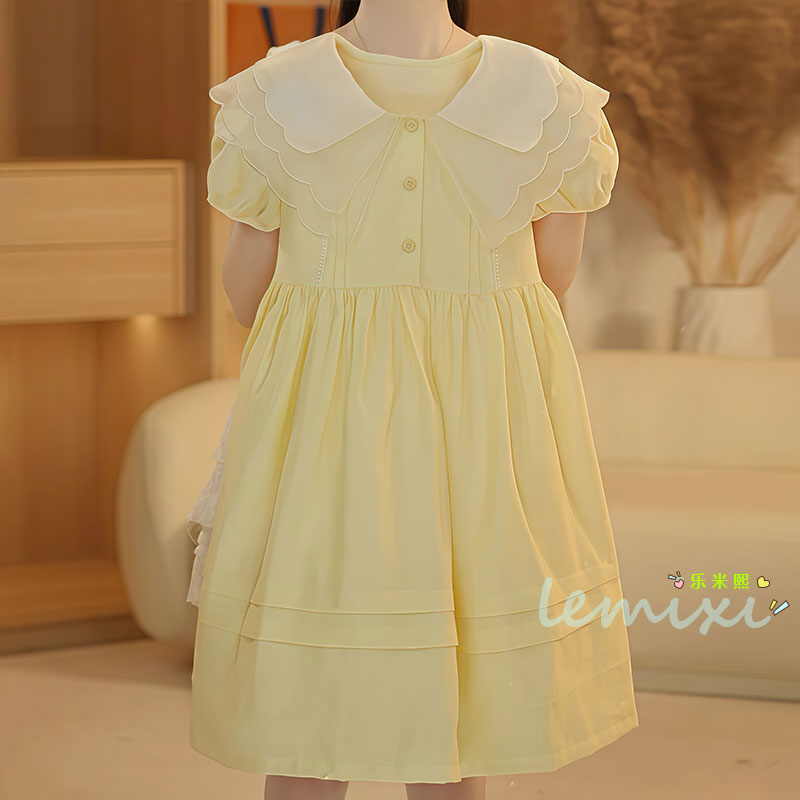 女童泡泡袖连衣裙2025夏款中大童娃娃领花边翻领公主裙海边沙滩裙