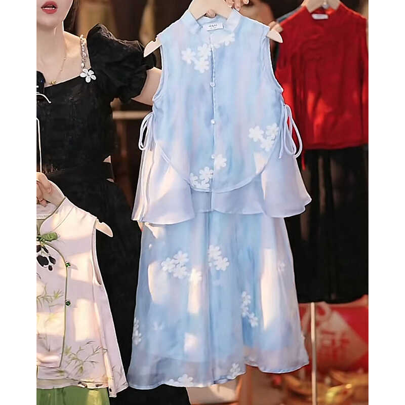 女童无袖裙裤套装2025夏款中大童国风新中式背心阔腿裤汉服两件套