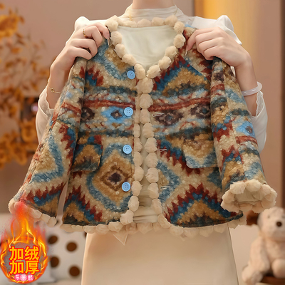 女童加绒毛毛衣2025新款秋冬款民族风碎花加厚羊羔绒外套大衣棉服