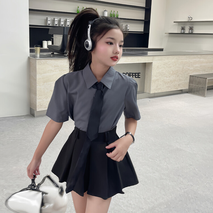 女童短袖衬衫半身裙套装2025夏款大童T恤jk学院风百褶短裙两件套9