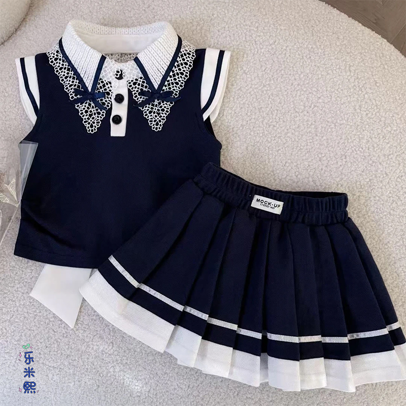 女童jk学院风套装2025夏季新款无袖百褶裙polo衫半身裙露背蝴蝶结