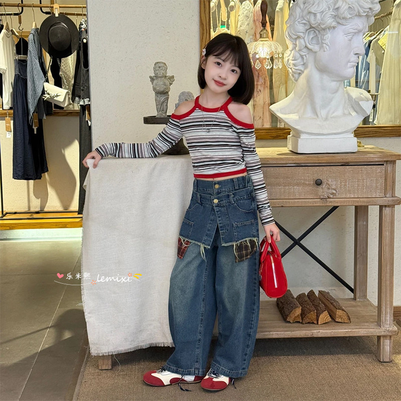 女童条纹露肩打底衫牛仔裤套装2025新款春秋长袖T恤假两件弯刀裤9